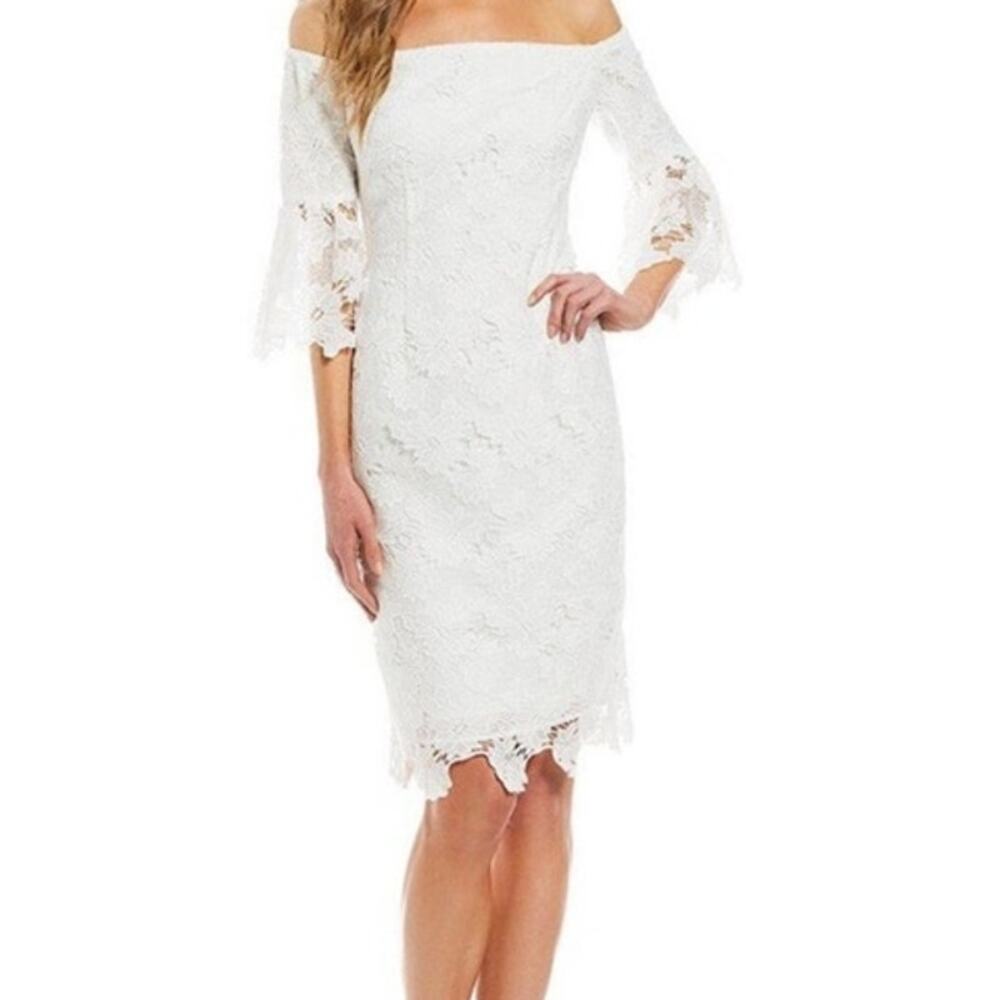 Vince Camuto Floral Lace Off Shoulder Dress Womens Size 6 White Bell Sleeve Mini